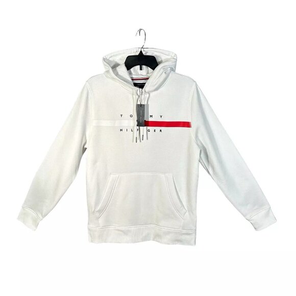 Tommy Hilfiger Men's Pullover Fleece Hoodie Sweatshirt Size M White Flag Stripe - Picture 9 of 9